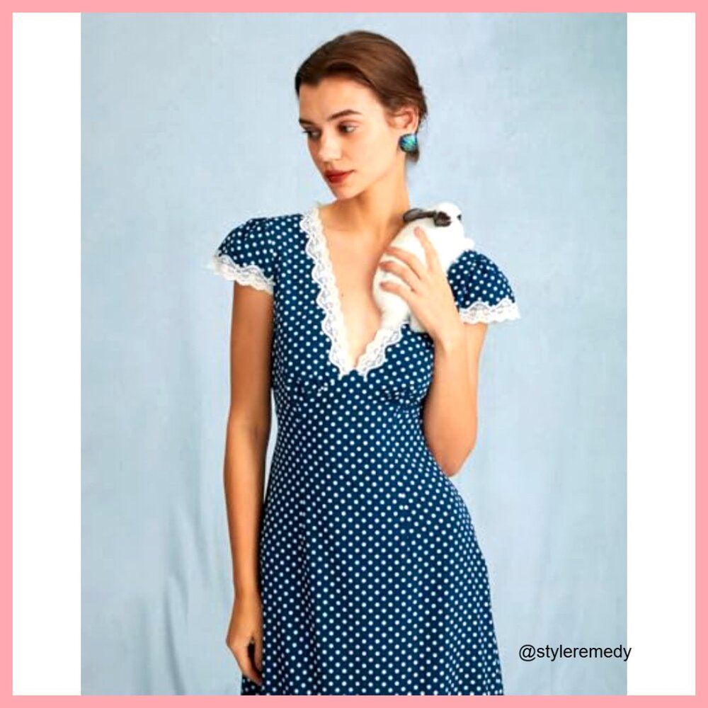 Summer Cotton Dress Deep V Neck Polka Dot Lace Party Casual - Picture 6 of 7